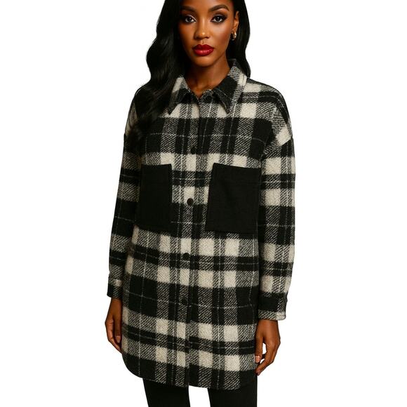 Zara Combination Long Plaid Overshirt Shacket Coat Women L Black White Wool Blnd - Picture 1 of 12